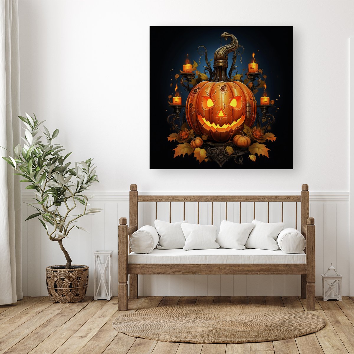Spooy Pumpkin With Leaves And Small Candles Canvas