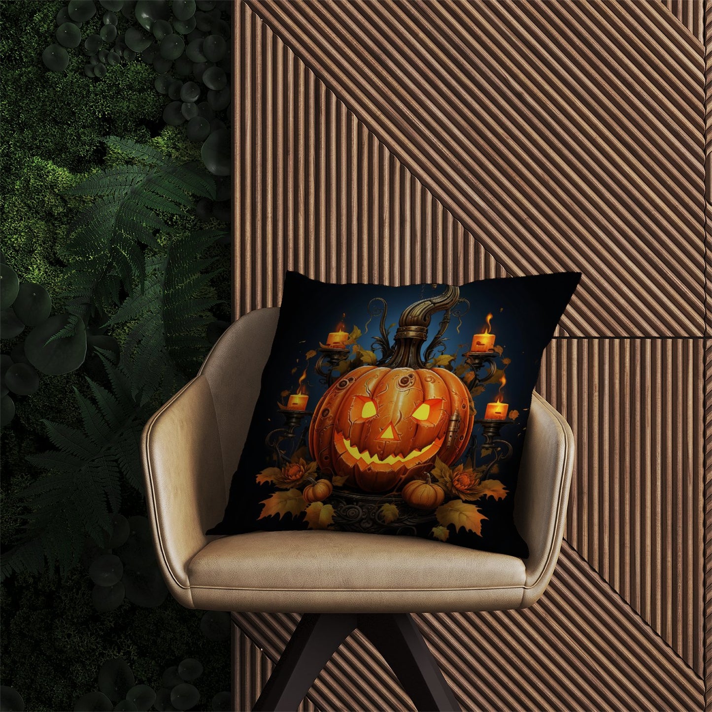 Spooy Pumpkin With Leaves And Small Candles Outdoor Cushion