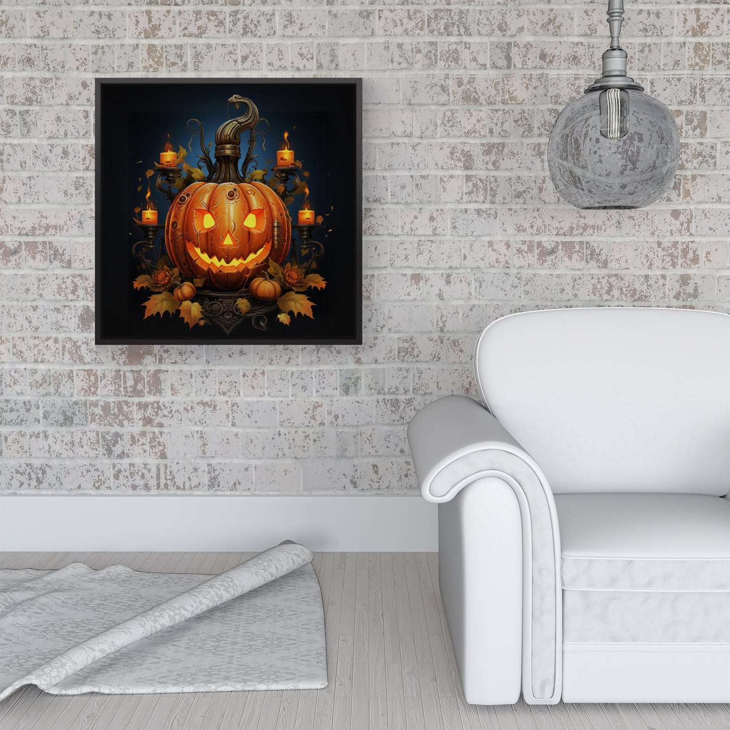 Spooky Pumpkin With Leaves And Small Candles Framed Canvas