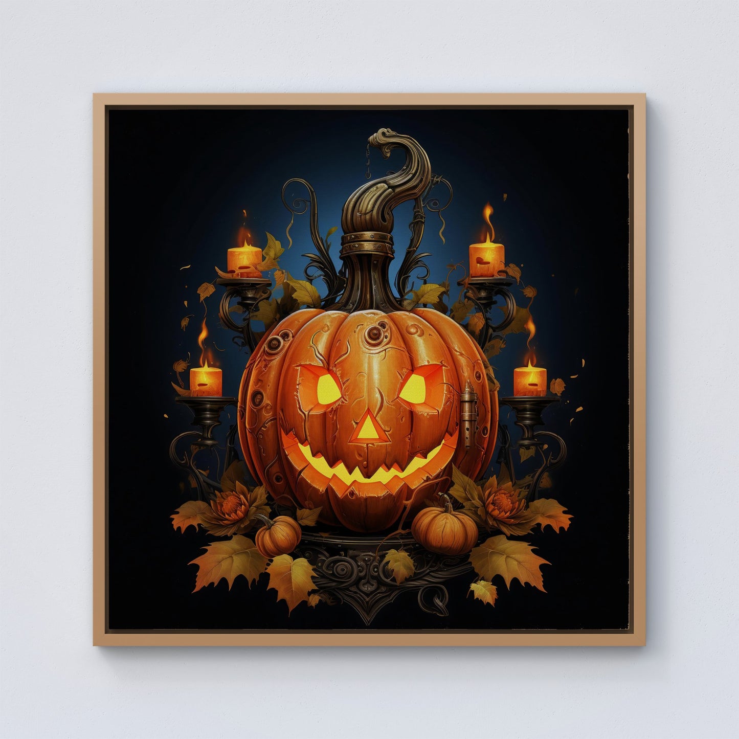 Spooky Pumpkin With Leaves And Small Candles Framed Canvas