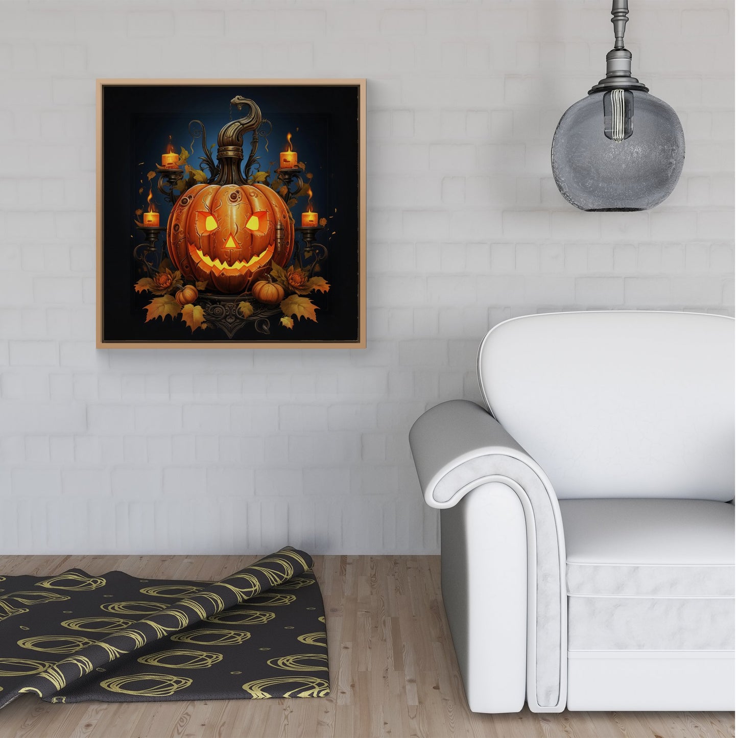 Spooky Pumpkin With Leaves And Small Candles Framed Canvas
