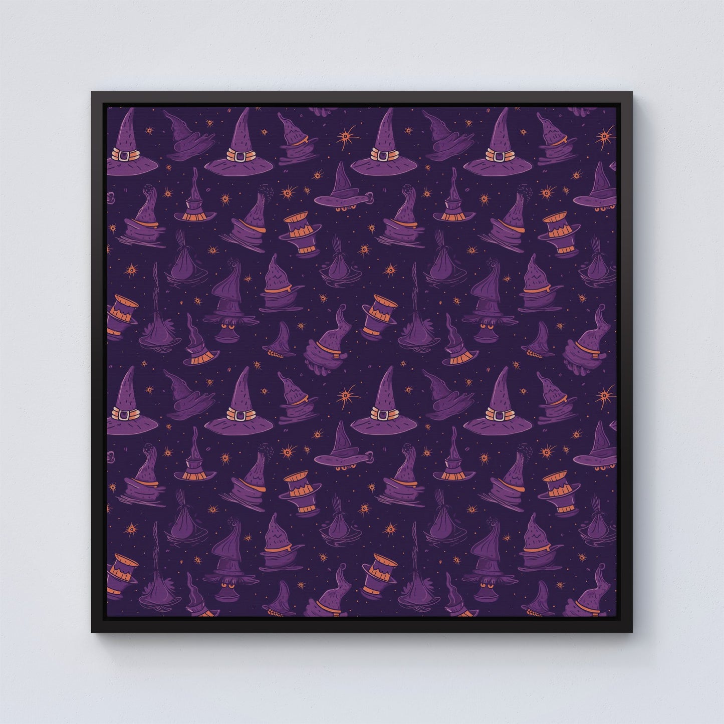 Witch Hats And Broomsticks Framed Canvas