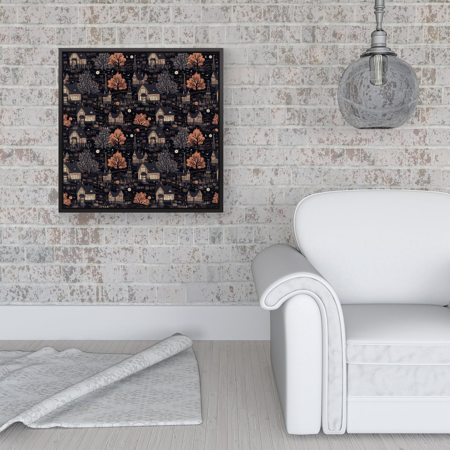Spooky Haunted Houses Pattern Framed Canvas