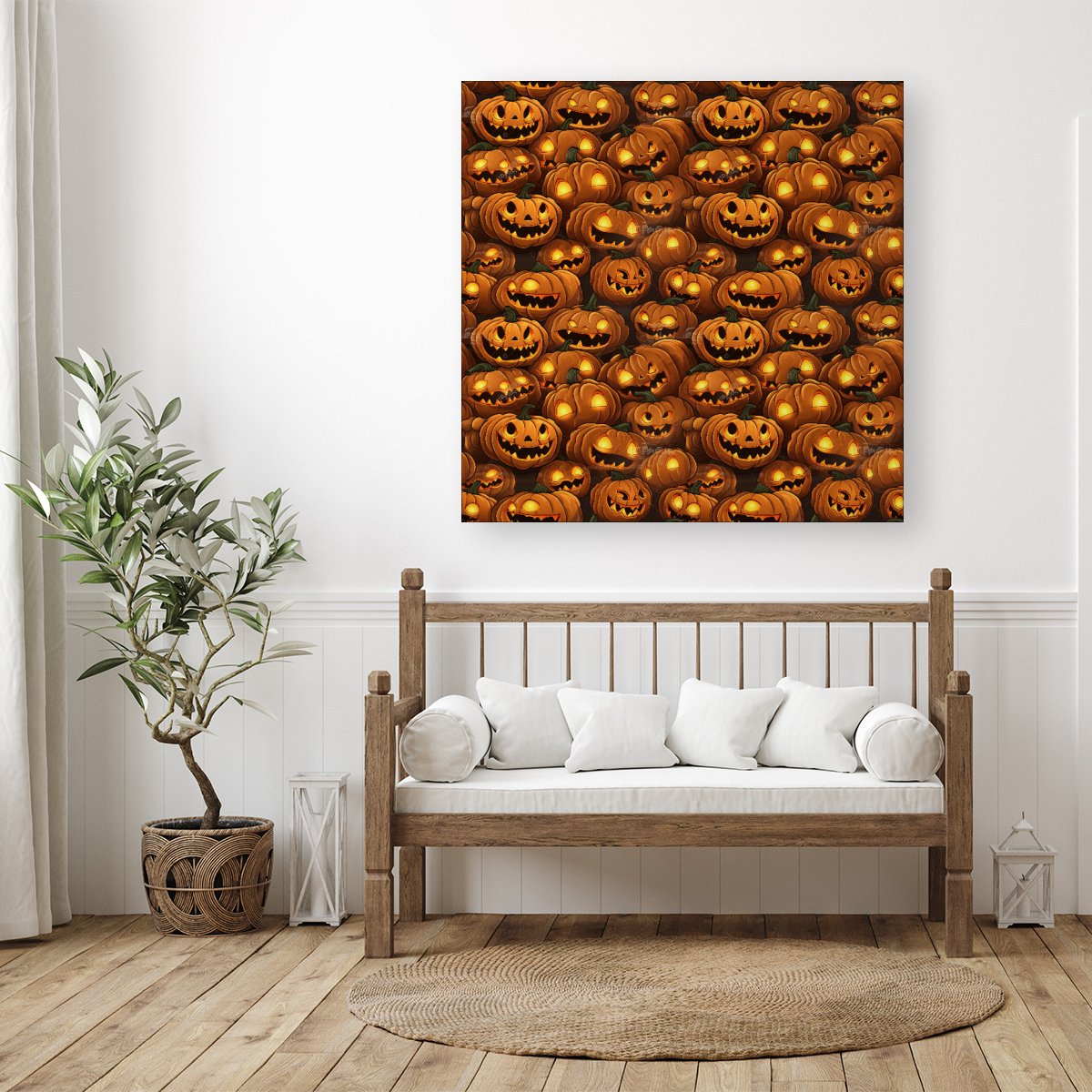 Grinning Lanterns Pumpkins With Glowing Eyes Canvas