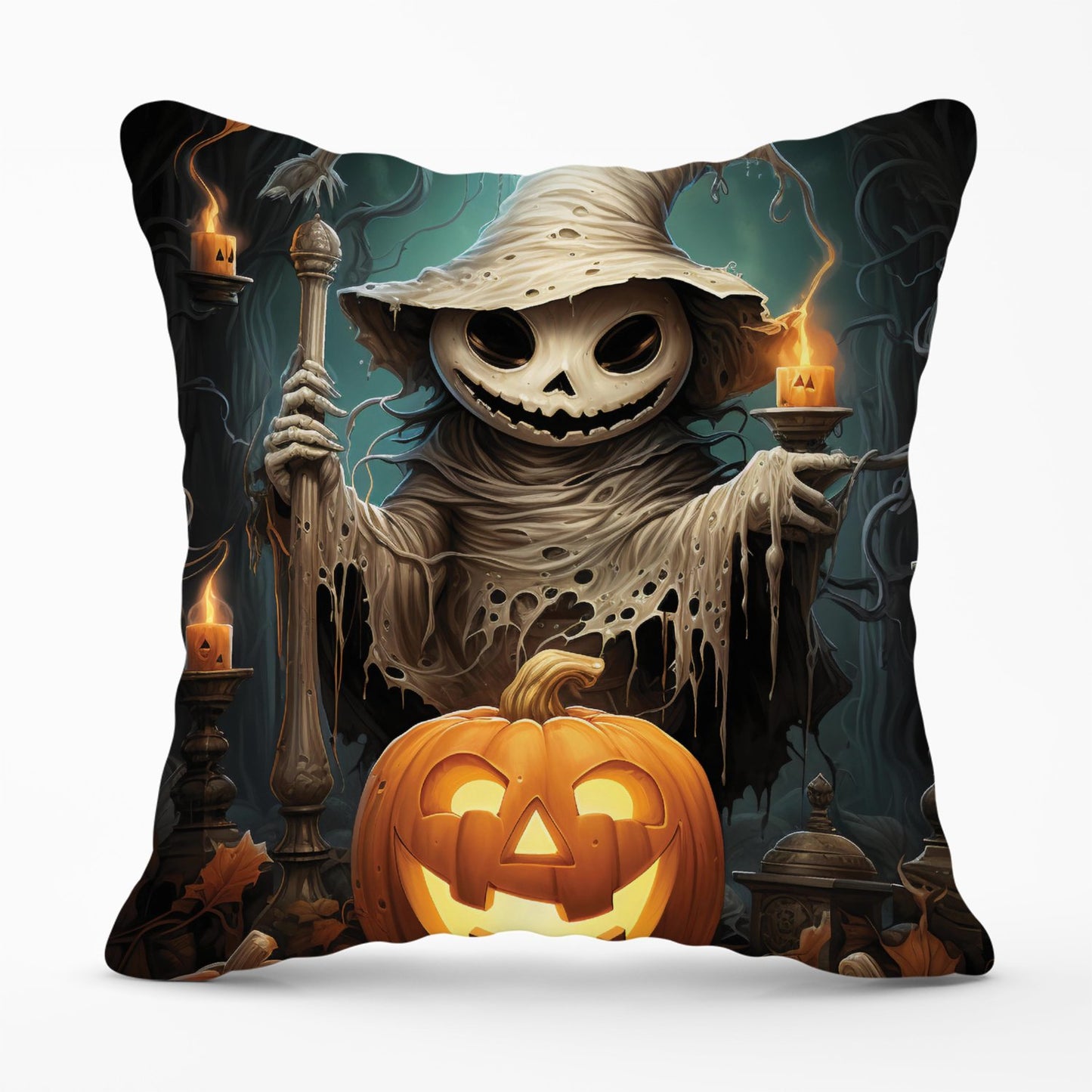 Creepy Ghost With Pumpkins Outdoor Cushion