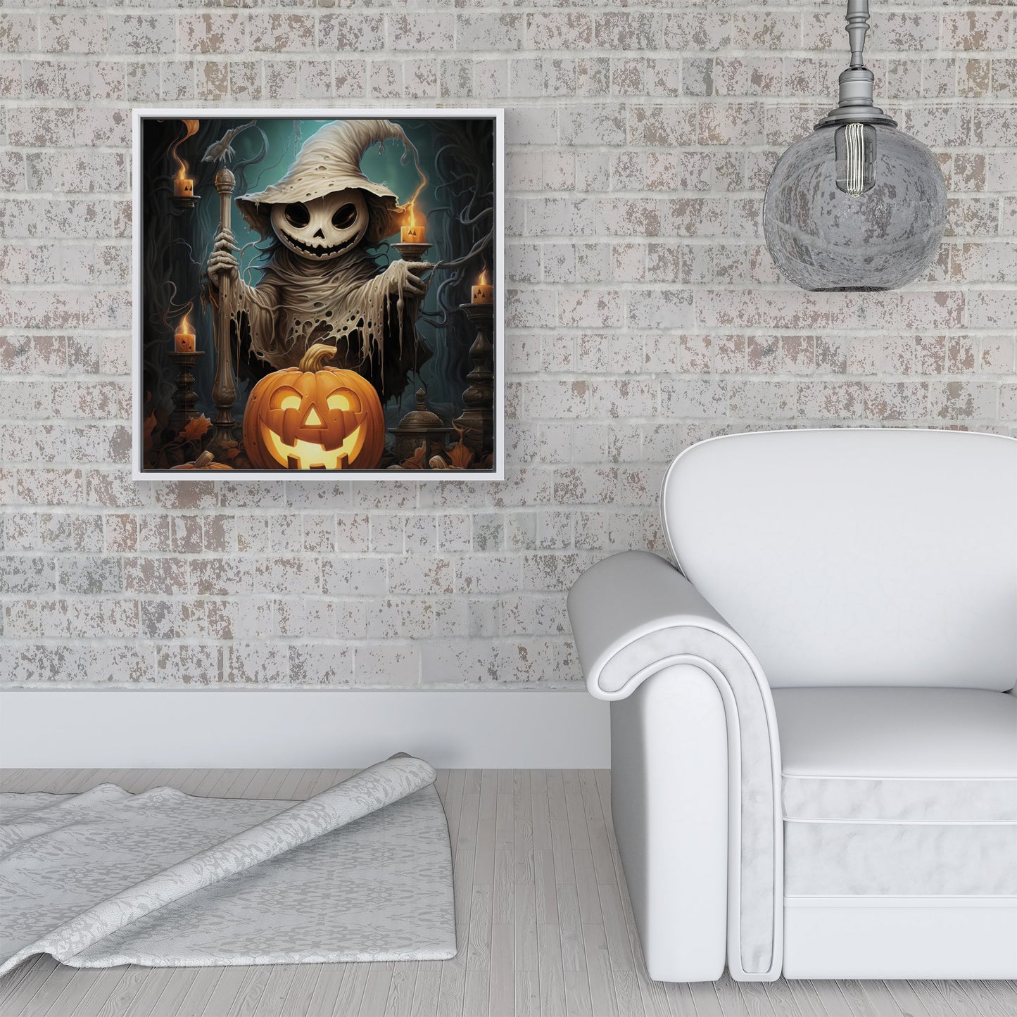 Creepy Ghost With Pumpkins Framed Canvas