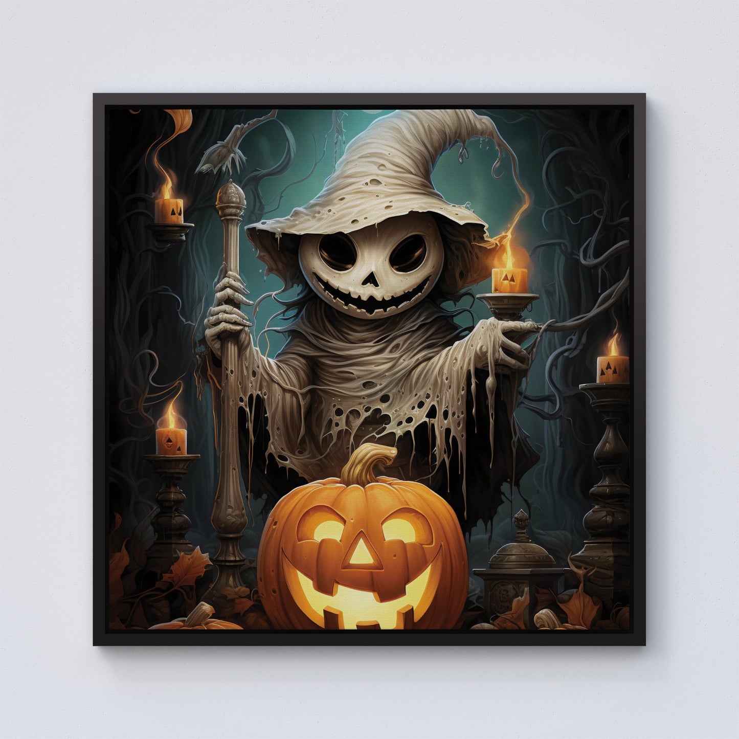 Creepy Ghost With Pumpkins Framed Canvas