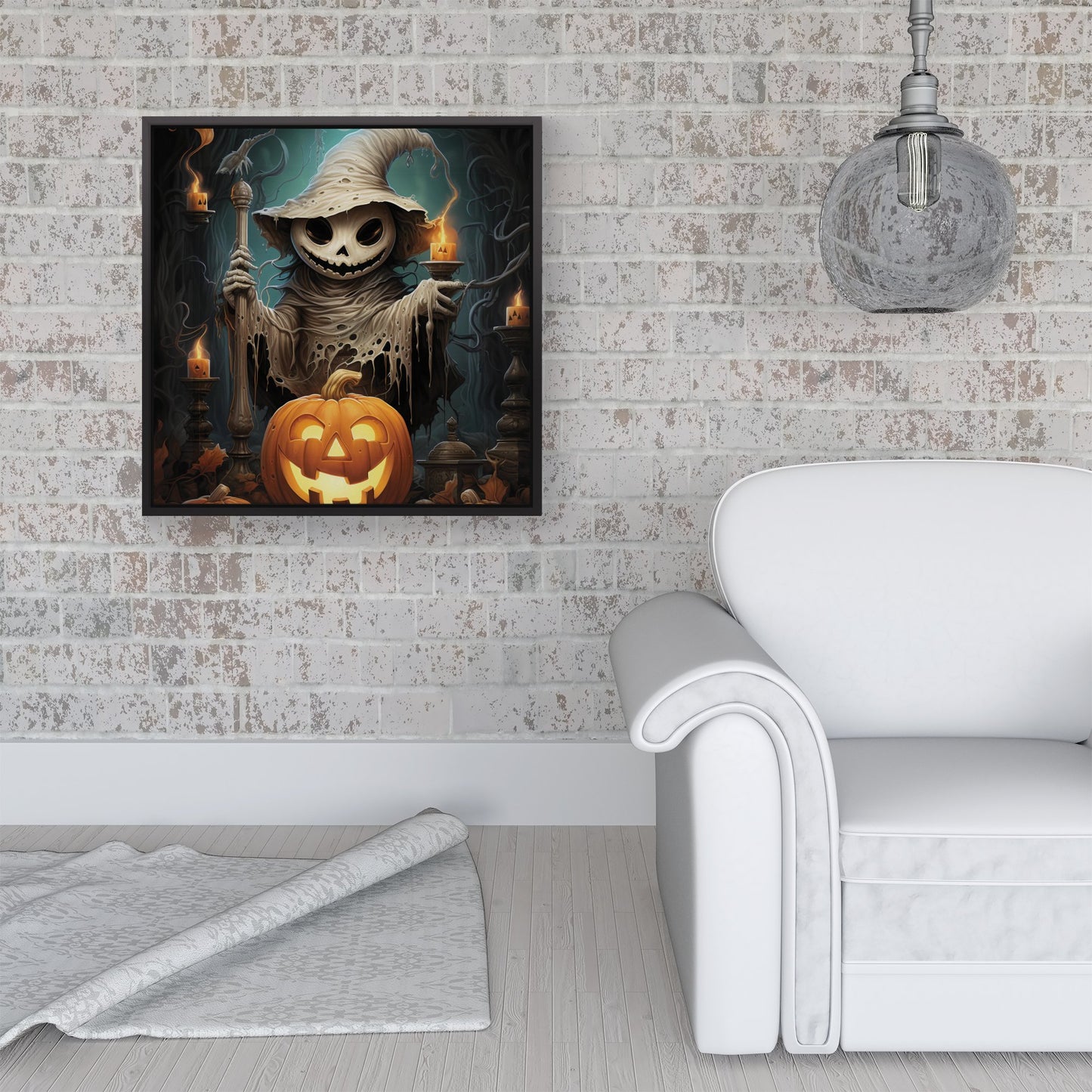 Creepy Ghost With Pumpkins Framed Canvas