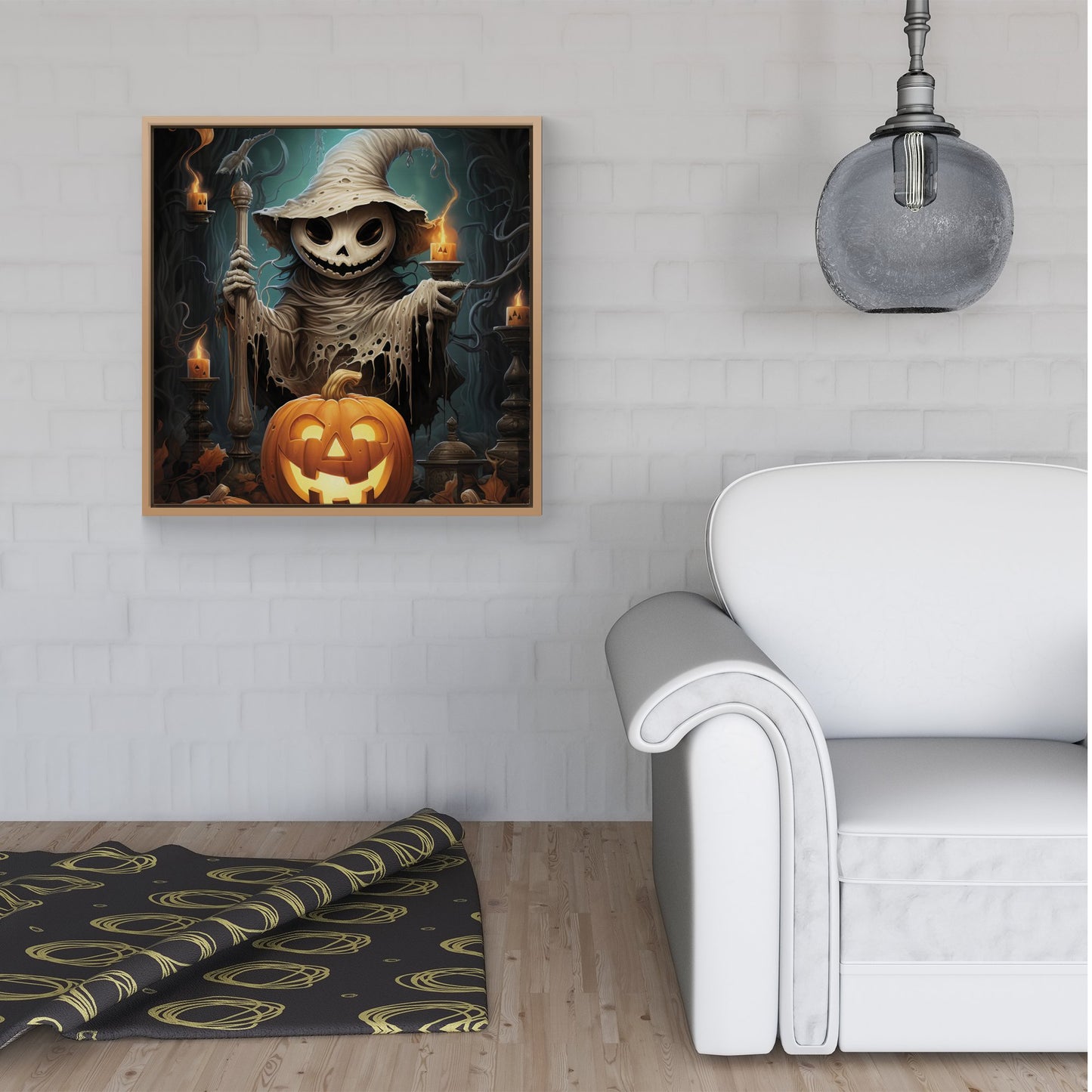 Creepy Ghost With Pumpkins Framed Canvas