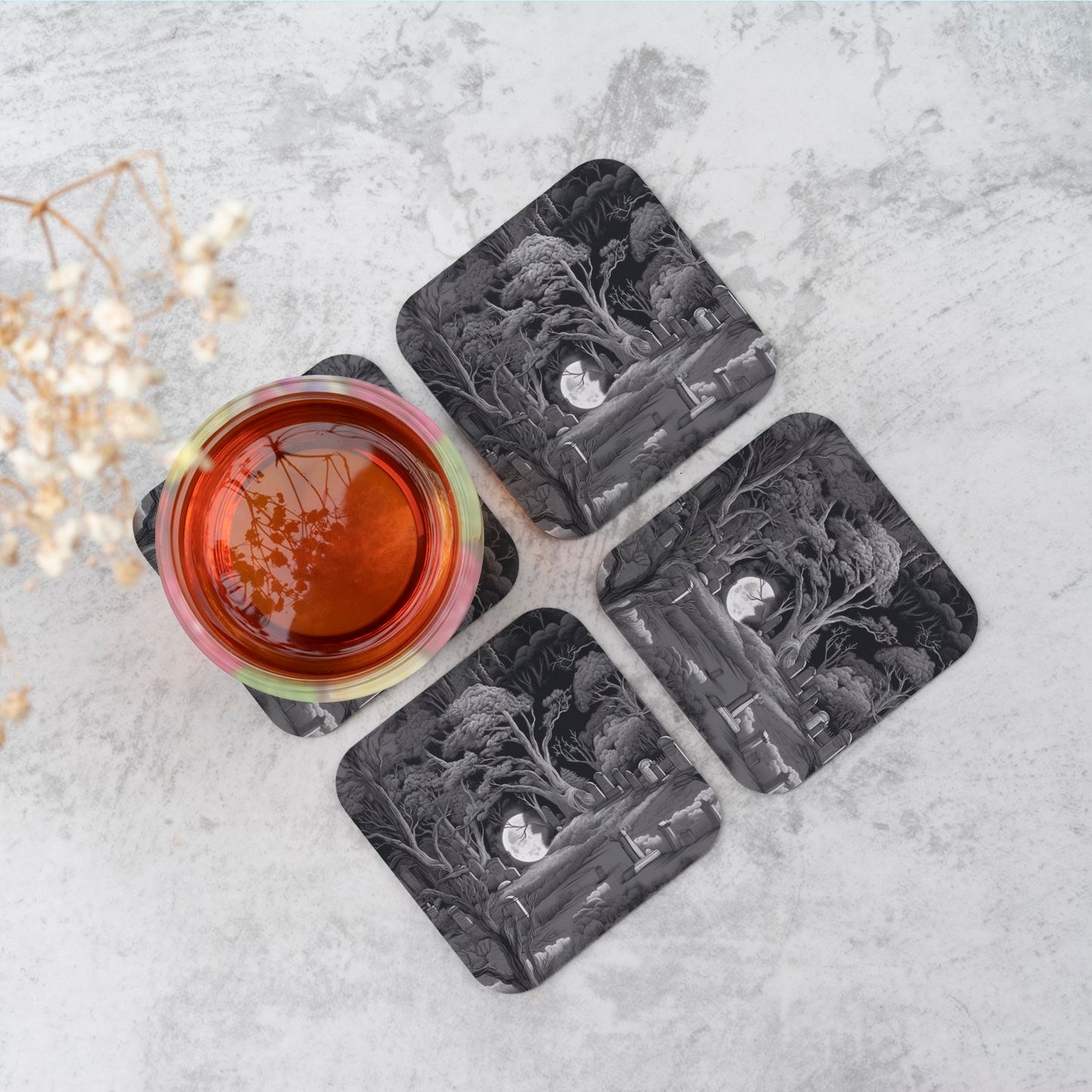 Eerie Moonlit Cemetery Coasters
