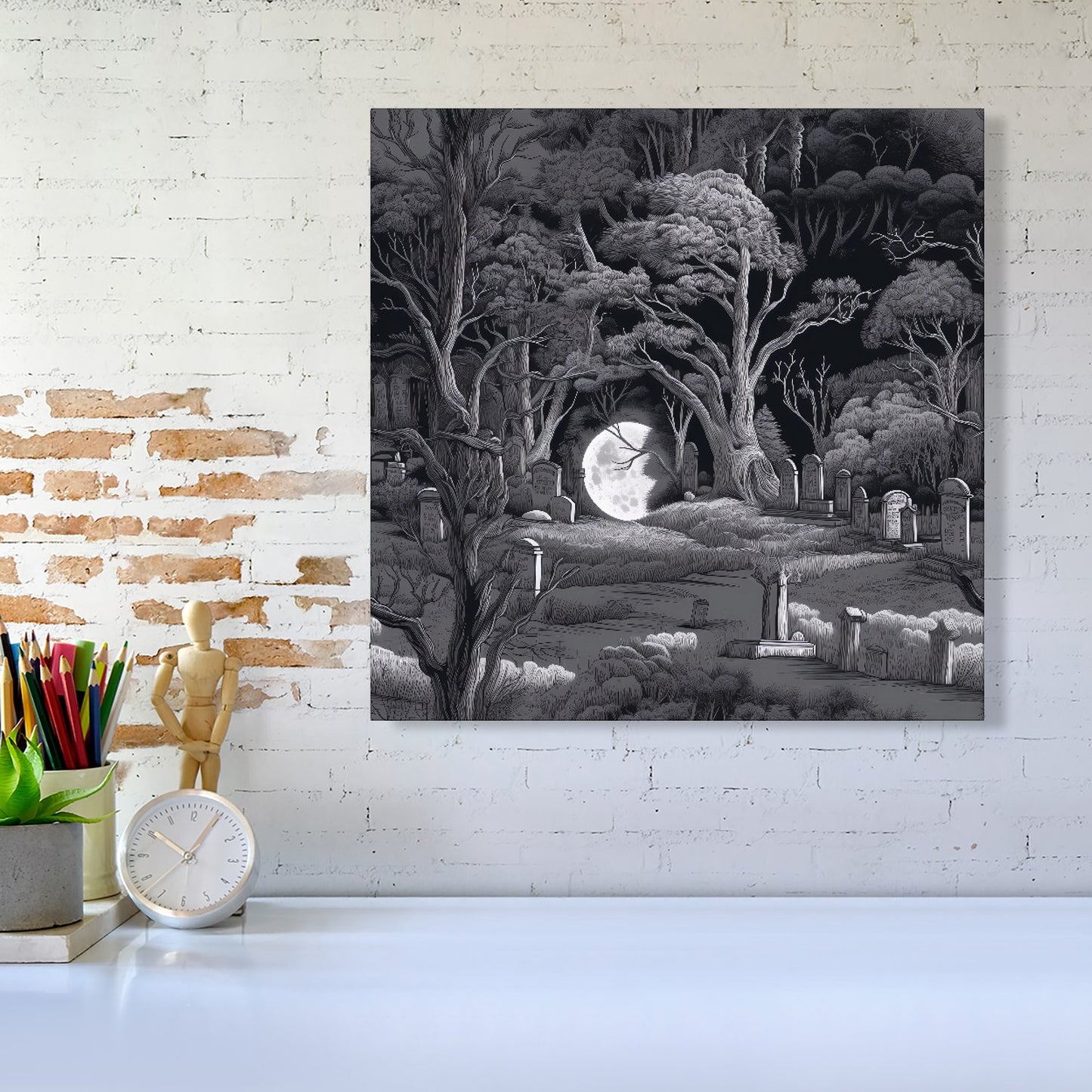 Eerie Moonlit Cemetery Canvas