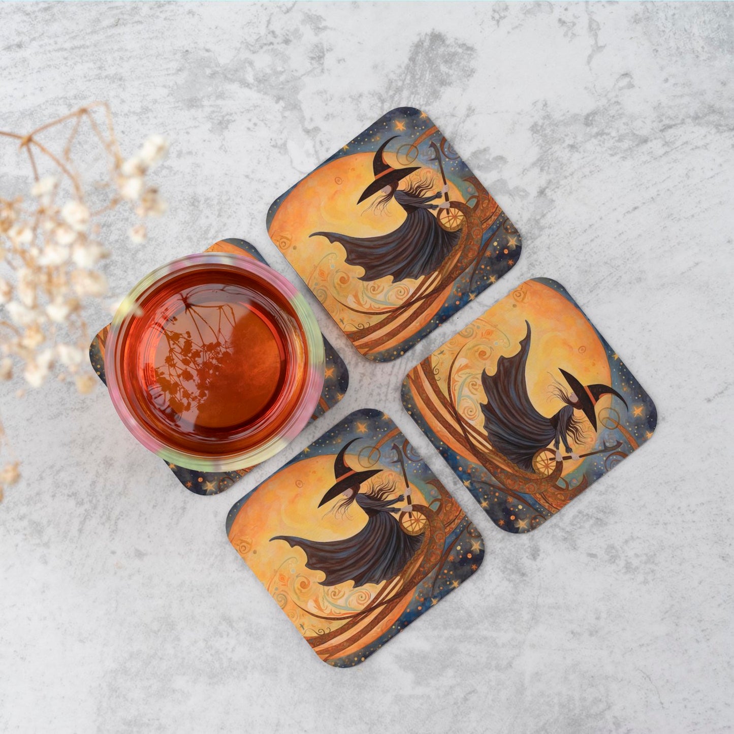 A Whimsical Witch On A Broomstick Coasters