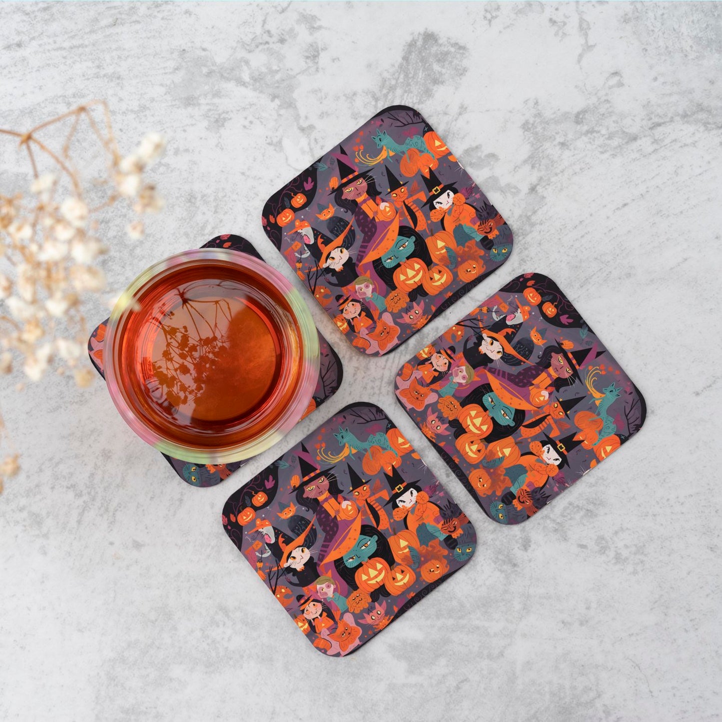 A Vibrant Illustration Of Witches And Pumpkin Coasters