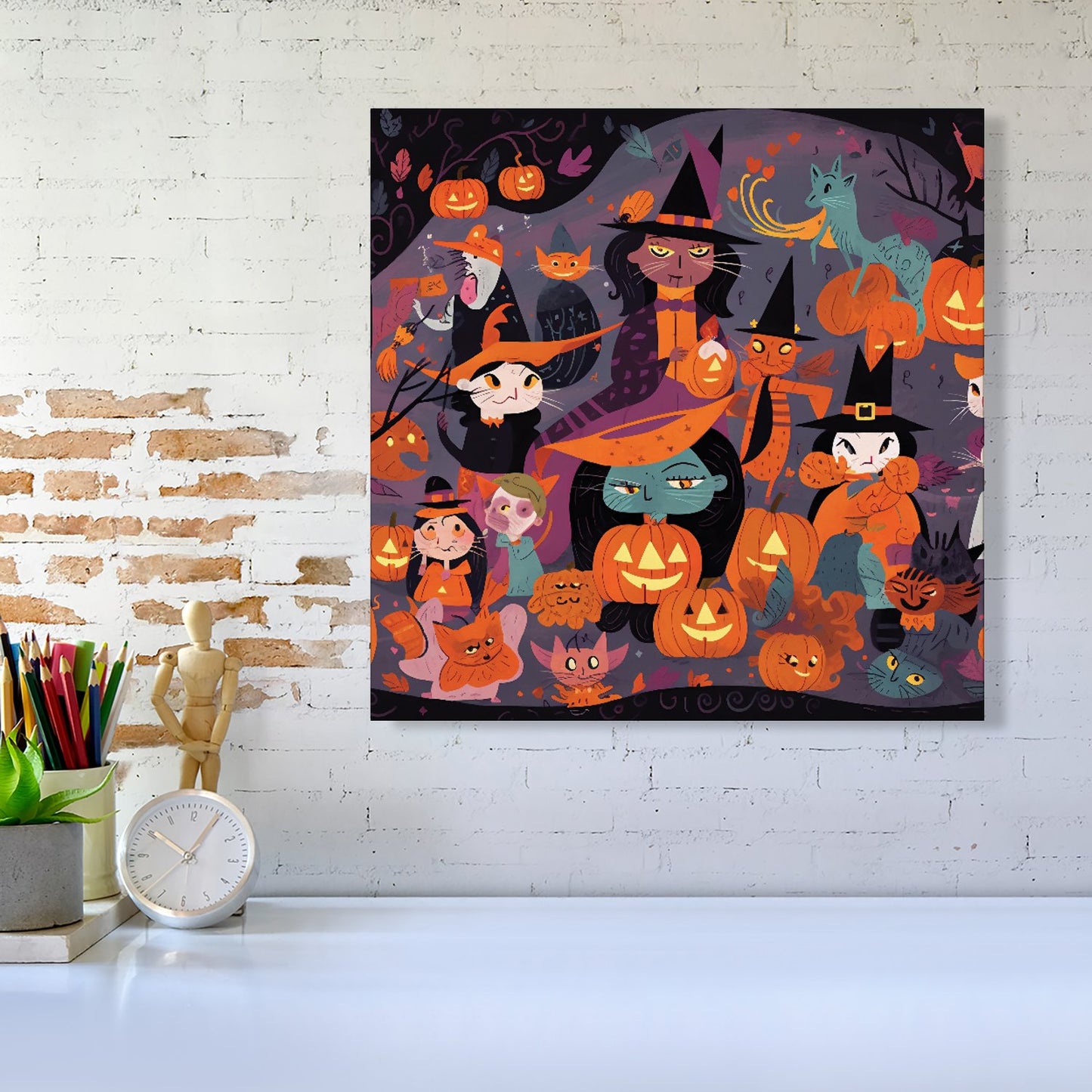 A Vibrant Illustration Of Witches And Pumpkin Canvas