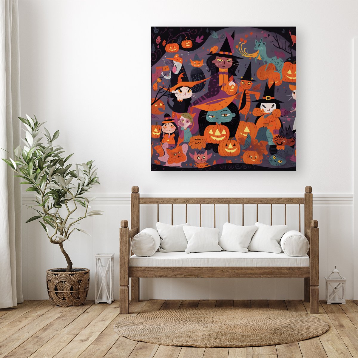 A Vibrant Illustration Of Witches And Pumpkin Canvas