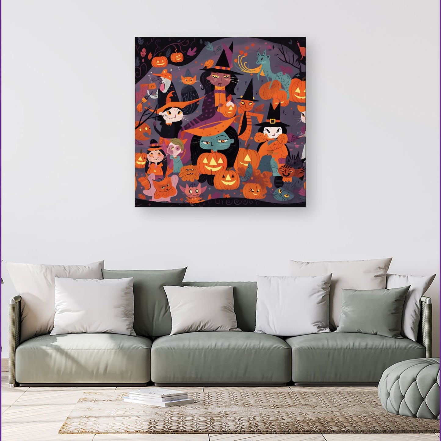 A Vibrant Illustration Of Witches And Pumpkin Canvas
