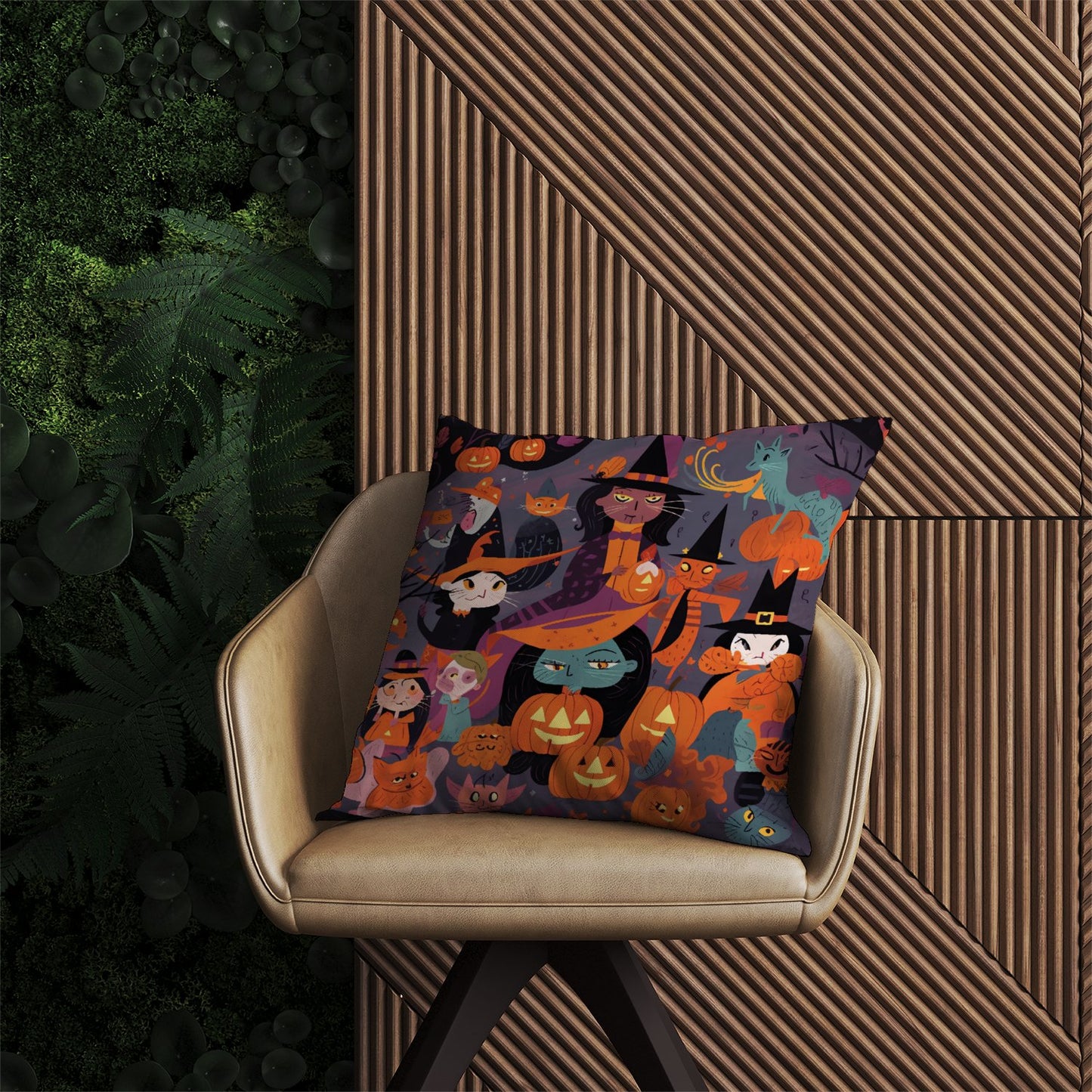 Vibrant Illustration Of Witches And Pumpkin Outdoor Cushion