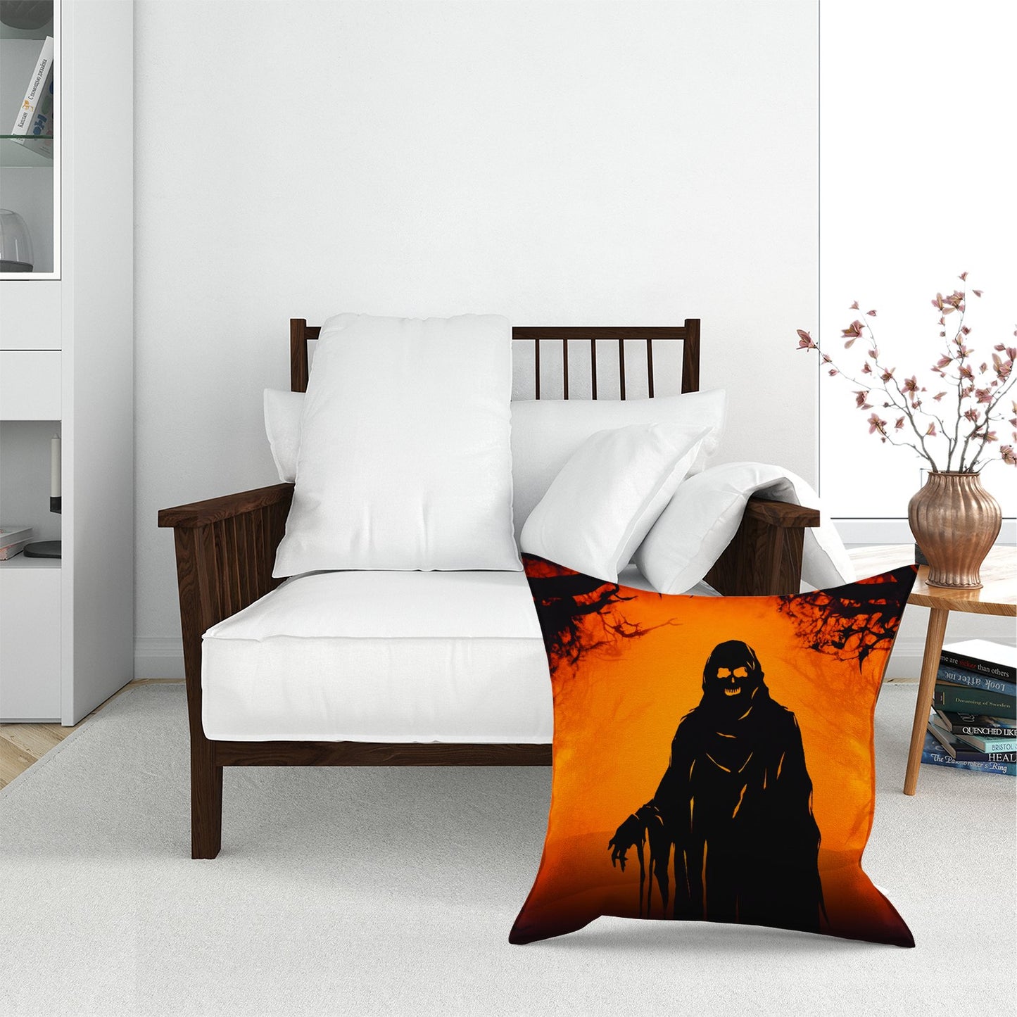 A Spooky Black And Orange Ghost Floor Cushion