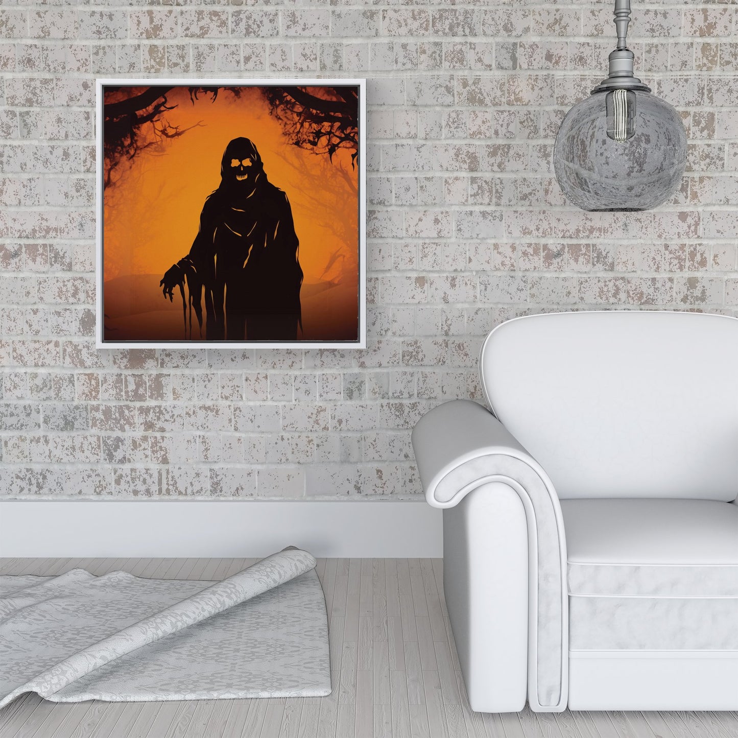 A Spooky Black And Orange Ghost Framed Canvas