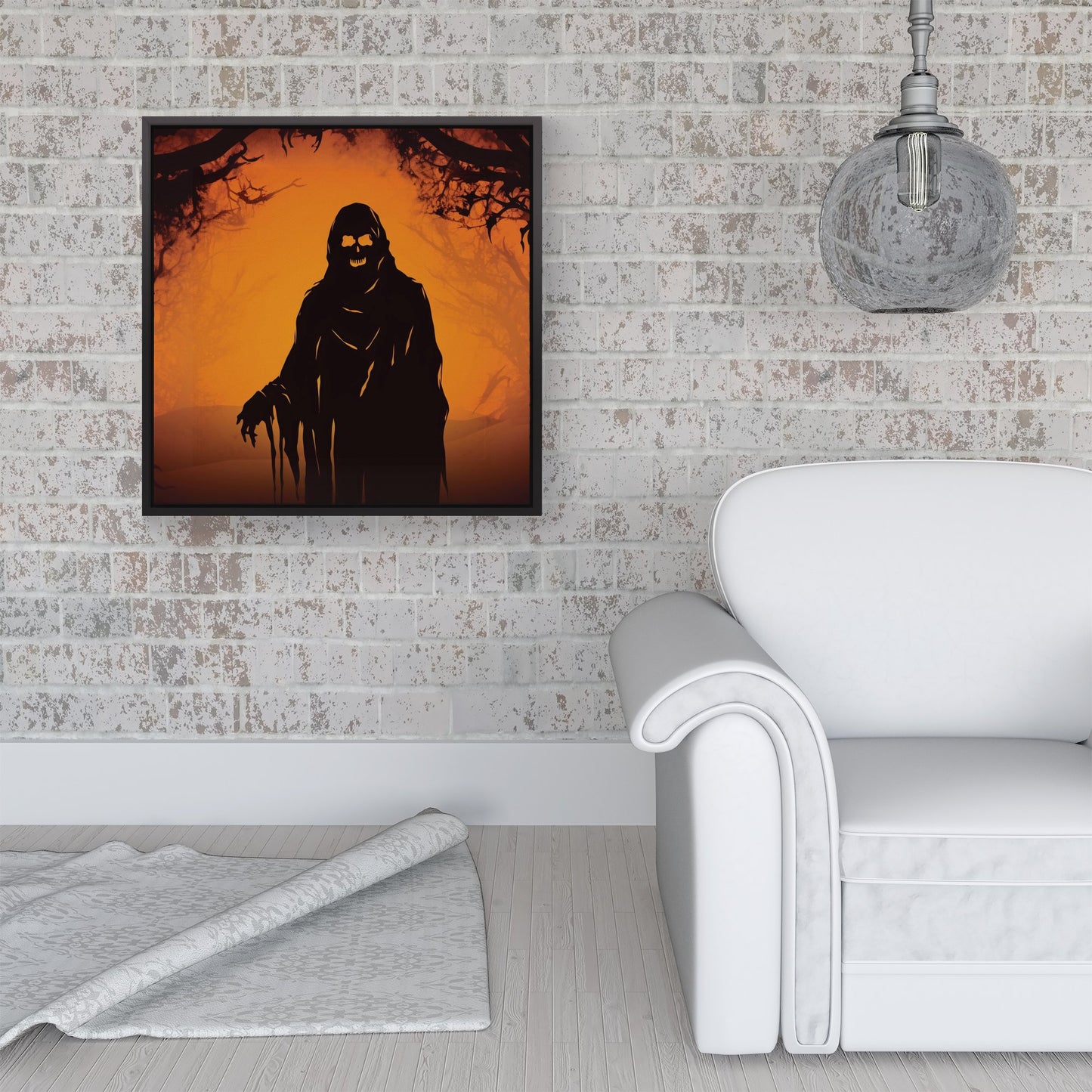 A Spooky Black And Orange Ghost Framed Canvas