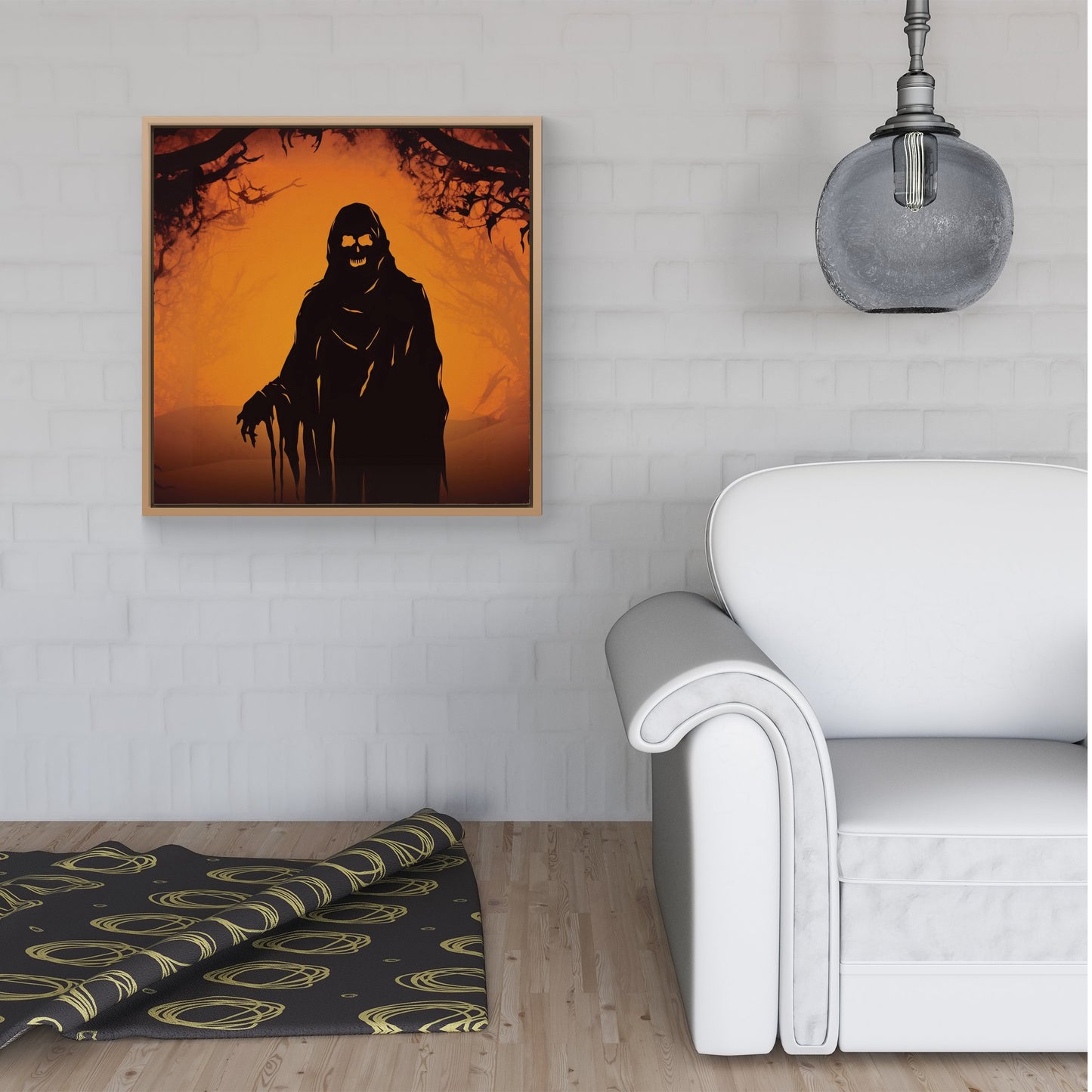 A Spooky Black And Orange Ghost Framed Canvas