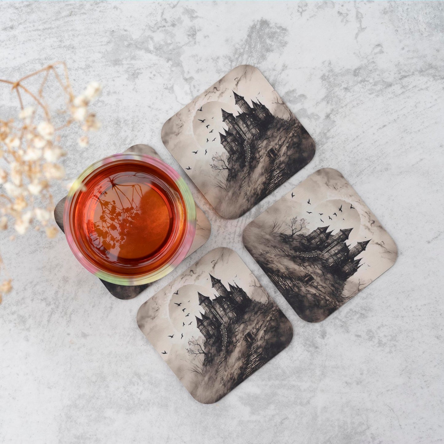 A Realistic Ink Drawing Of A Haunted Castle Coasters