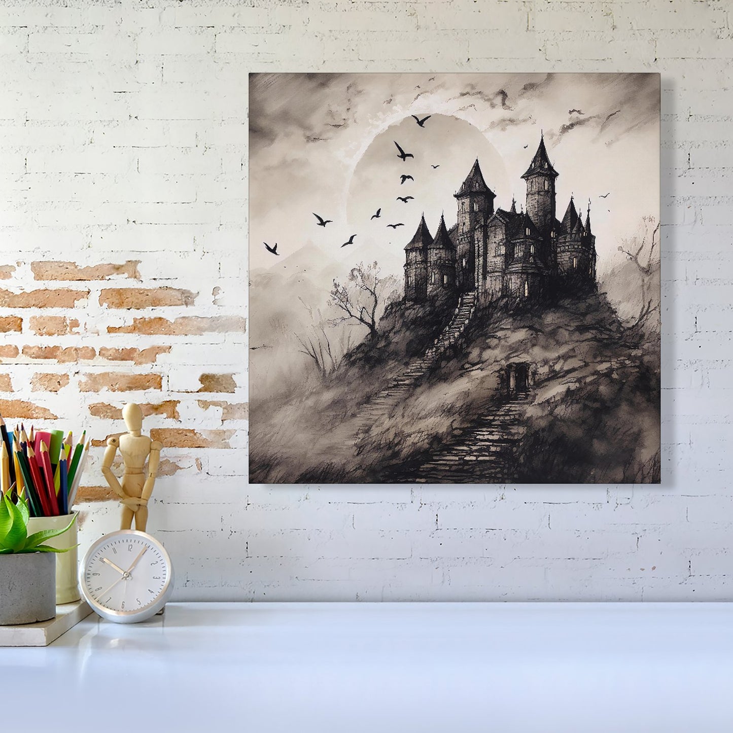 A Realistic Ink Drawing Of A Haunted Castle Canvas