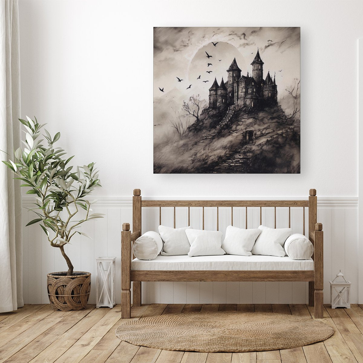 A Realistic Ink Drawing Of A Haunted Castle Canvas