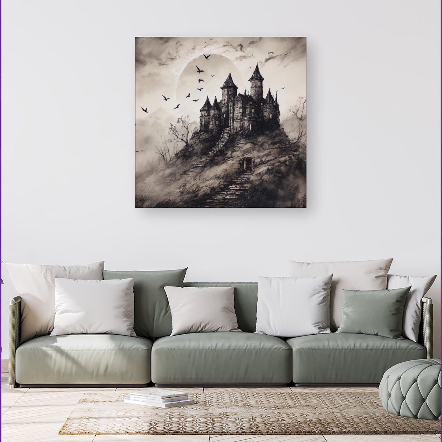 A Realistic Ink Drawing Of A Haunted Castle Canvas
