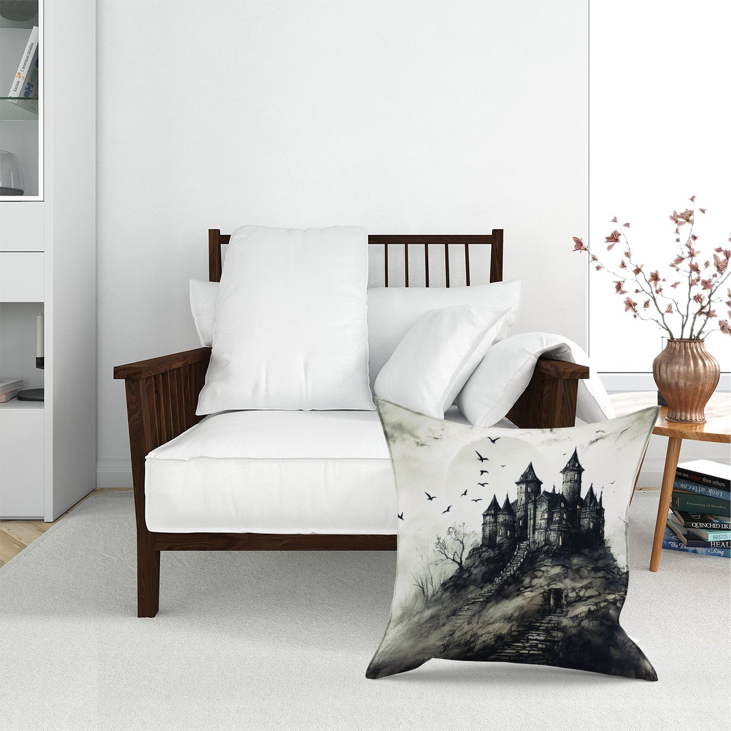 A Realistic Ink Drawing Of A Haunted Castle Floor Cushion