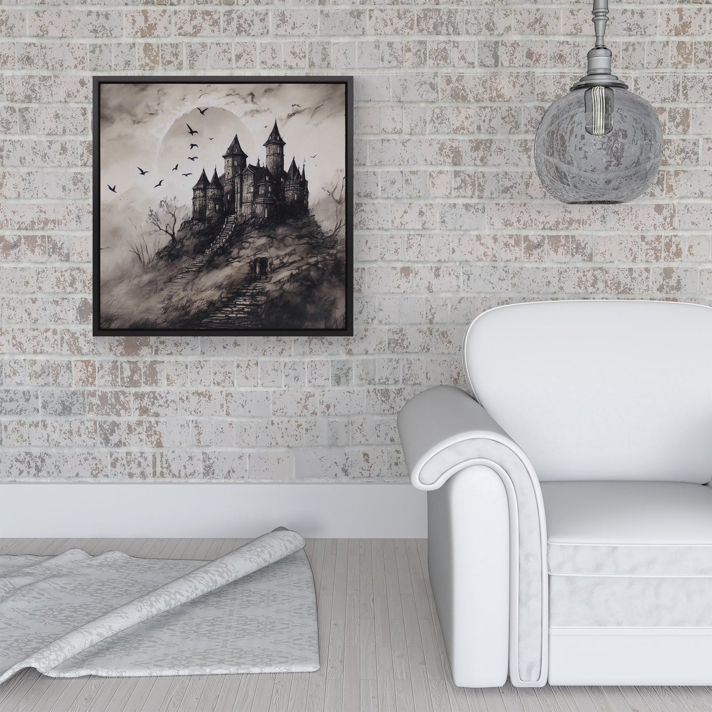 A Realistic Ink Drawing Of A Haunted Castle Framed Canvas
