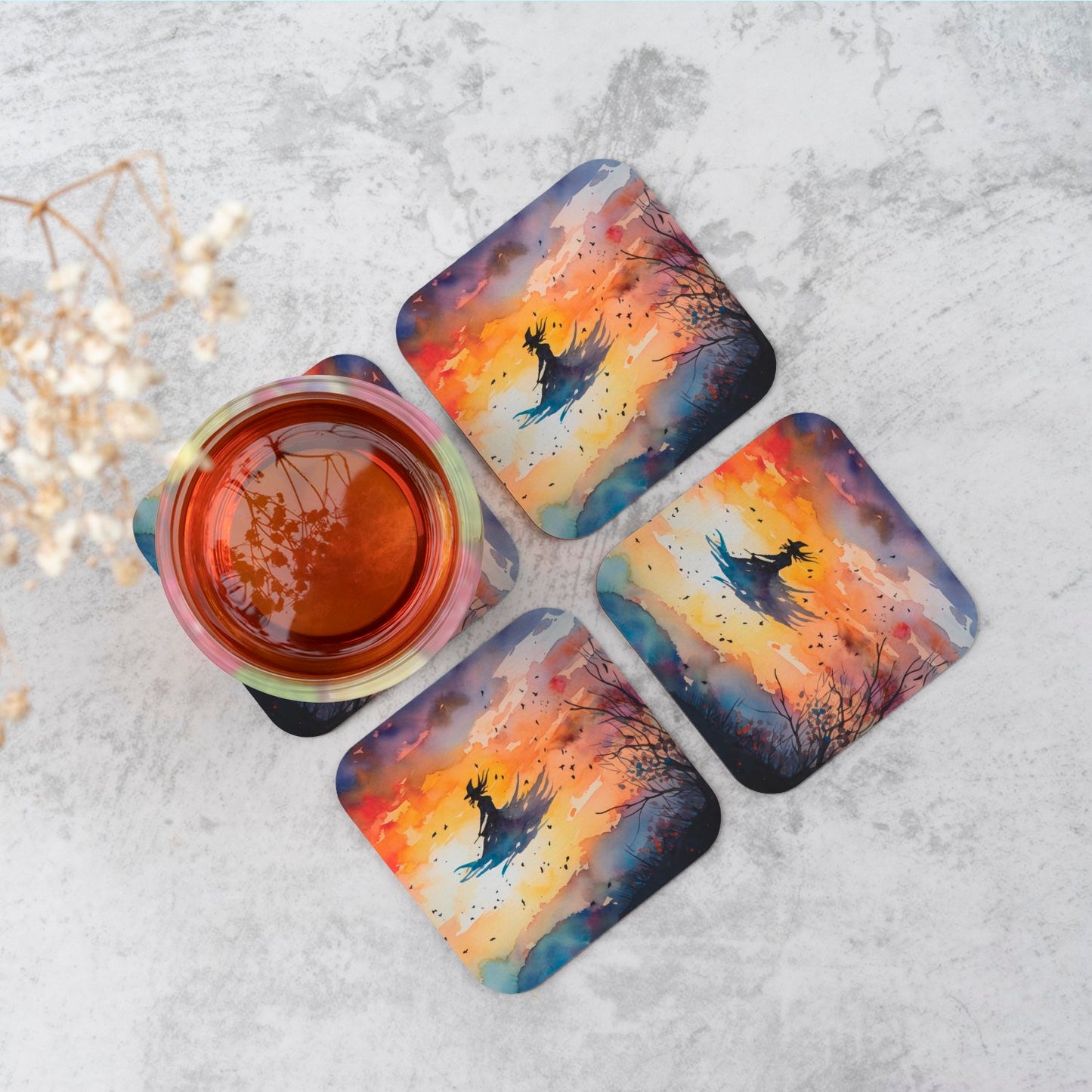 A Watercolor Featuring A Graceful Witch Coasters