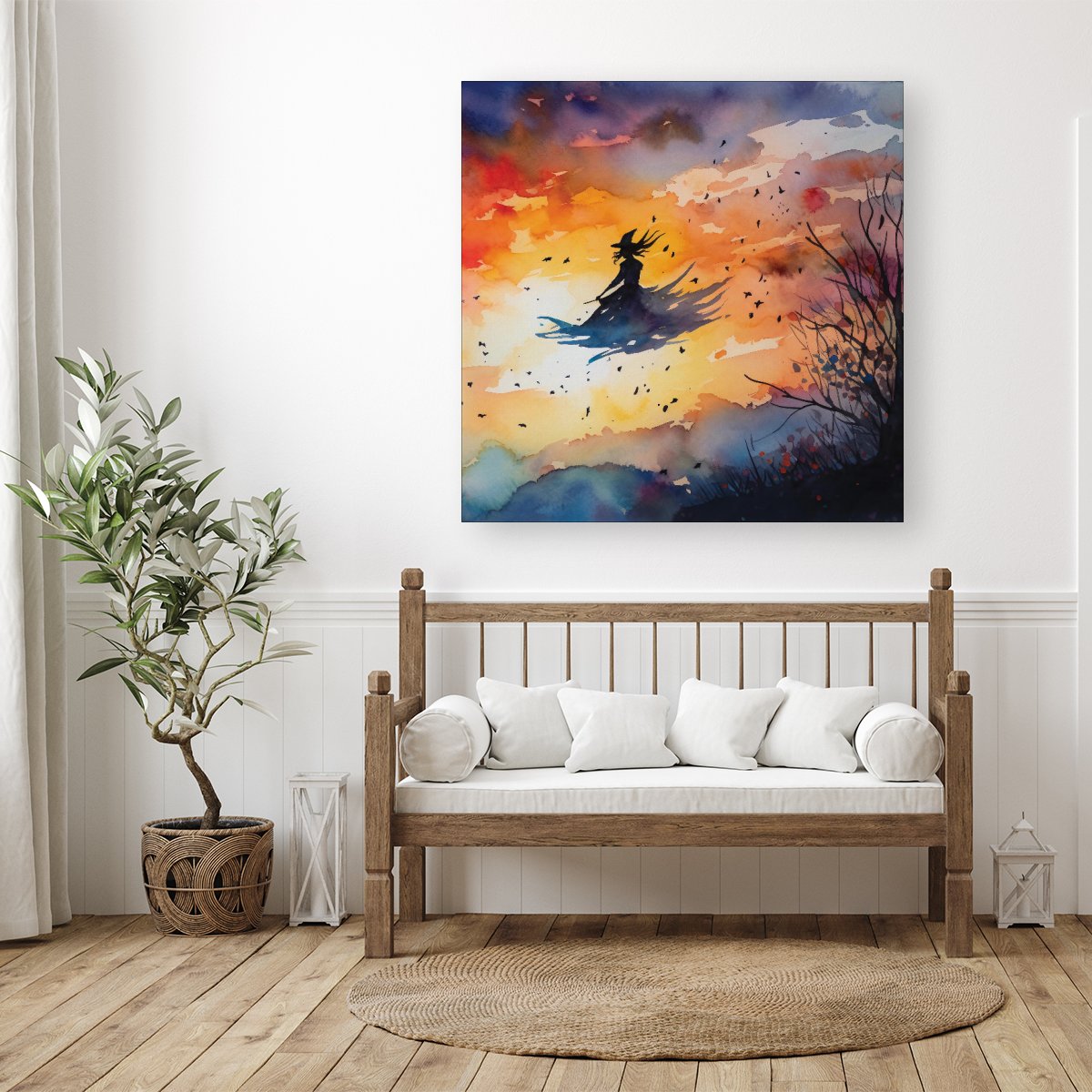 A Watercolor Featuring A Graceful Witch Canvas