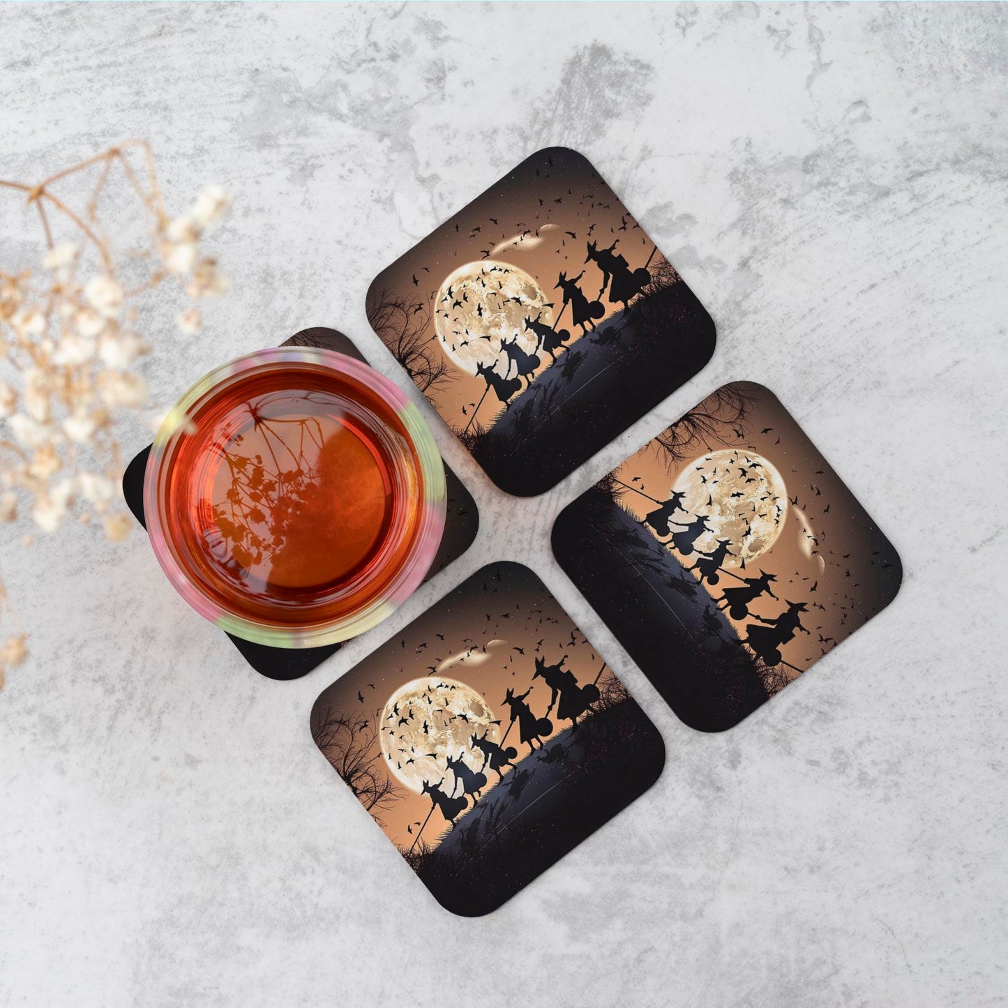 A Group Of Witches Riding Broomsticks Coasters