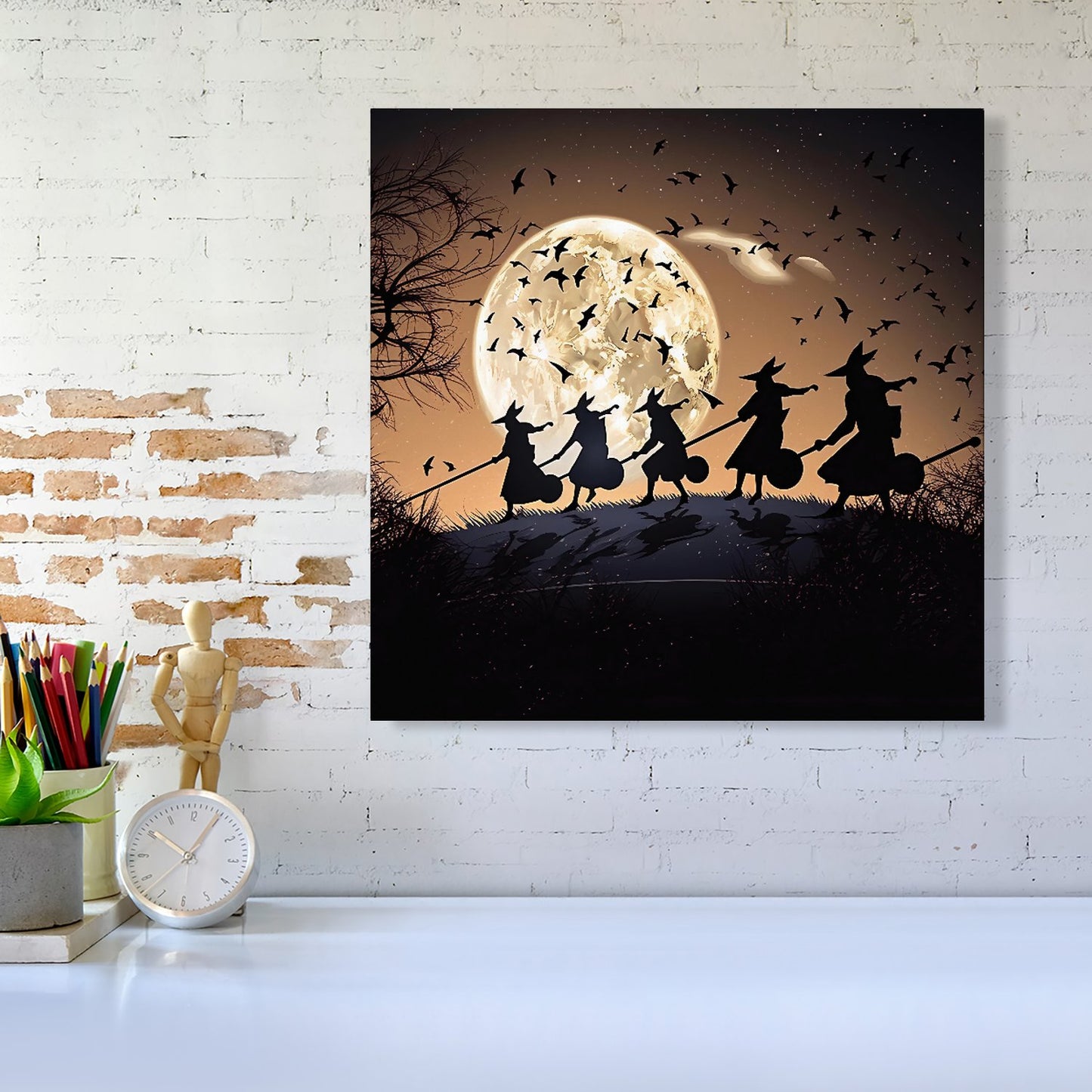 A Group Of Witches Riding Broomsticks Canvas
