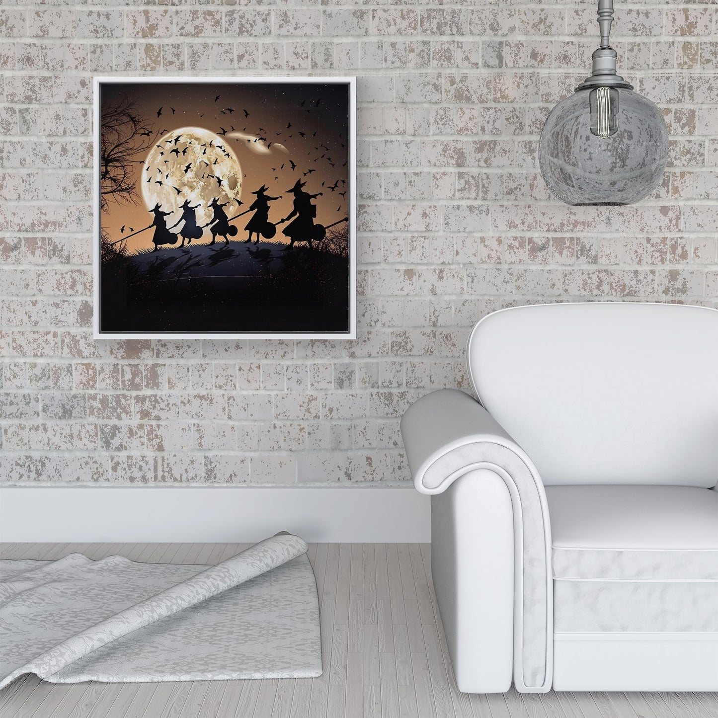 A Group Of Witches Riding Broomsticks Framed Canvas