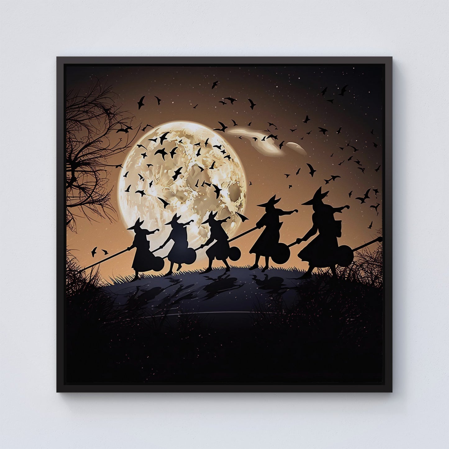 A Group Of Witches Riding Broomsticks Framed Canvas