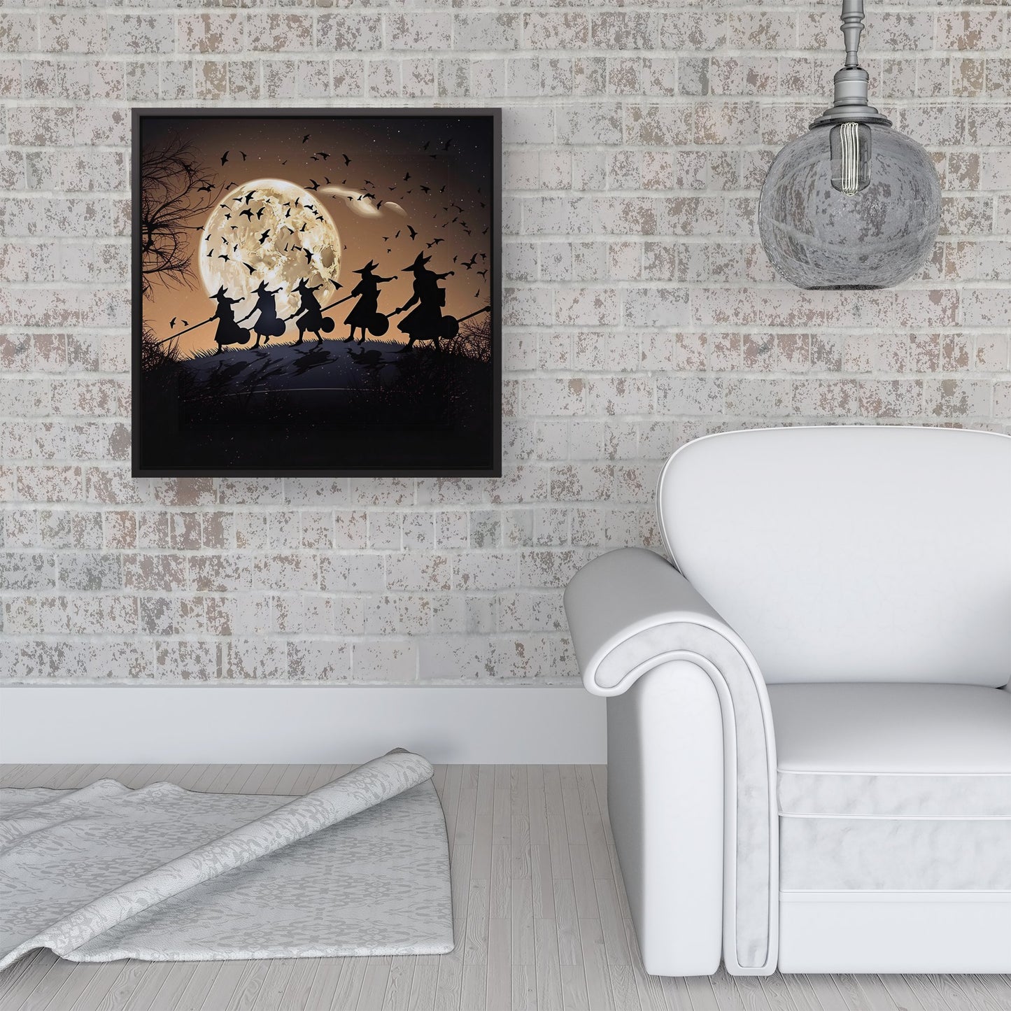 A Group Of Witches Riding Broomsticks Framed Canvas