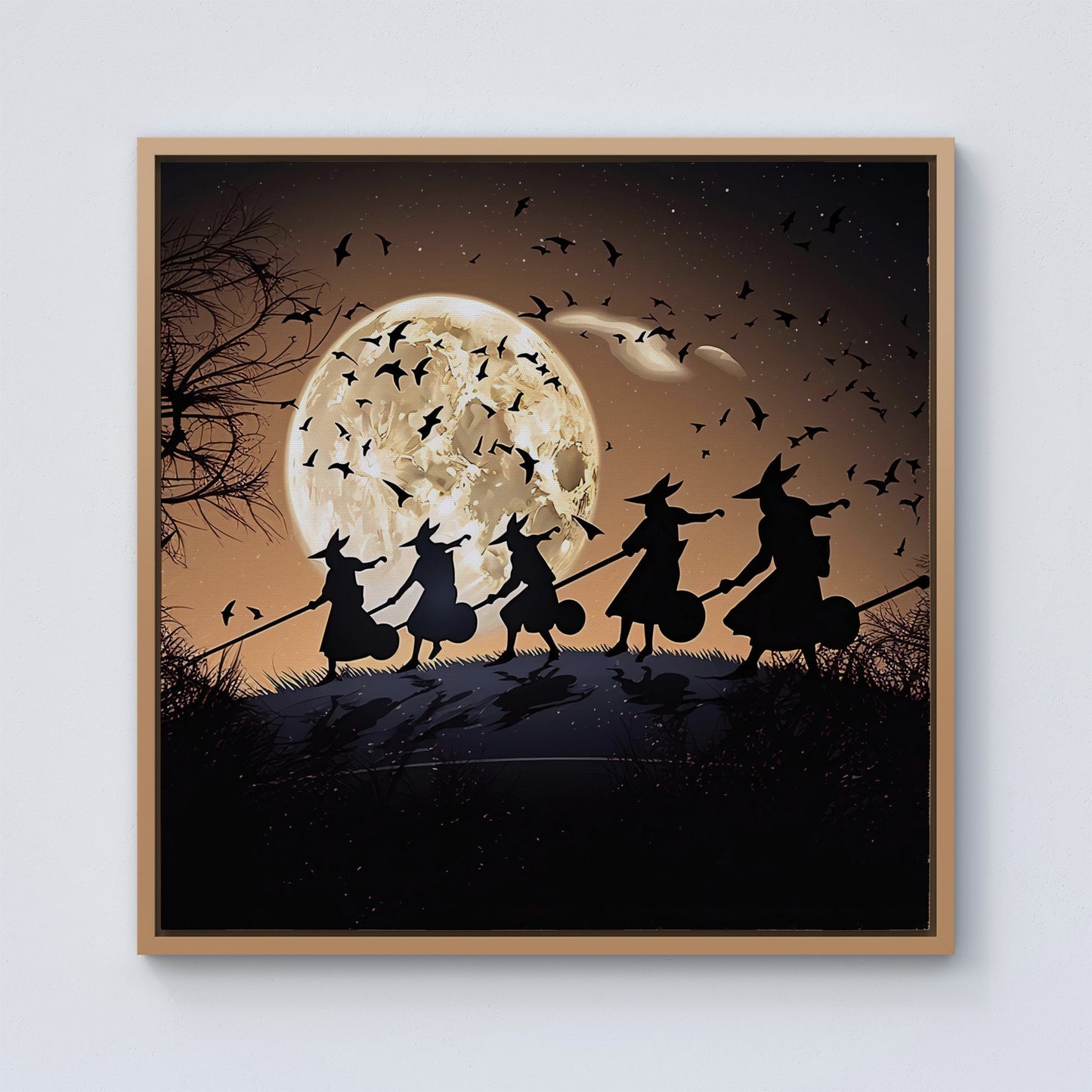 A Group Of Witches Riding Broomsticks Framed Canvas