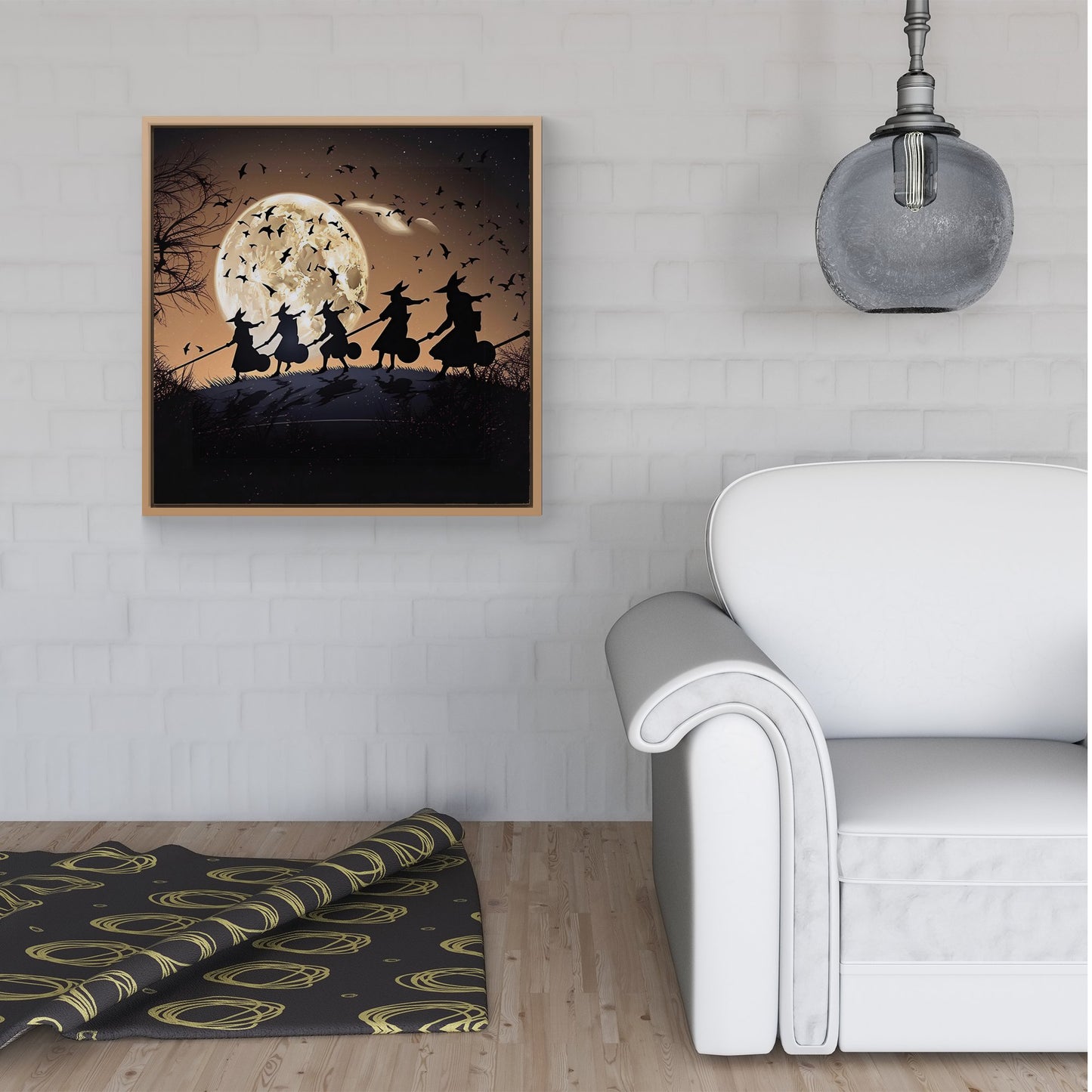 A Group Of Witches Riding Broomsticks Framed Canvas