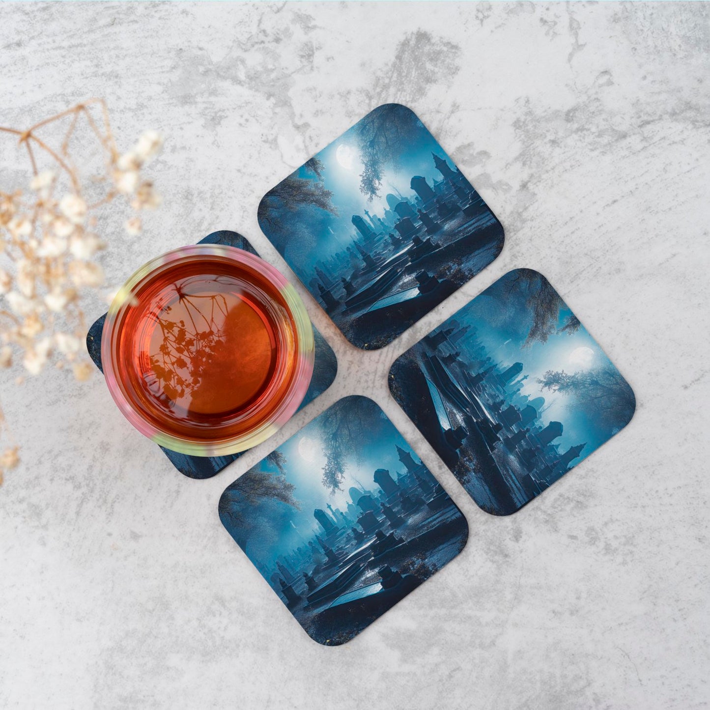 A Breathtaking Scene Of A Moonlit Graveyard Coasters