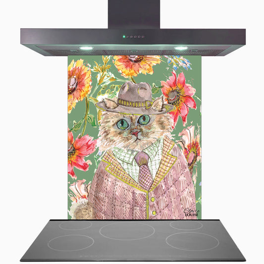 Cottage Floral Cat Glass Kitchen Splashback