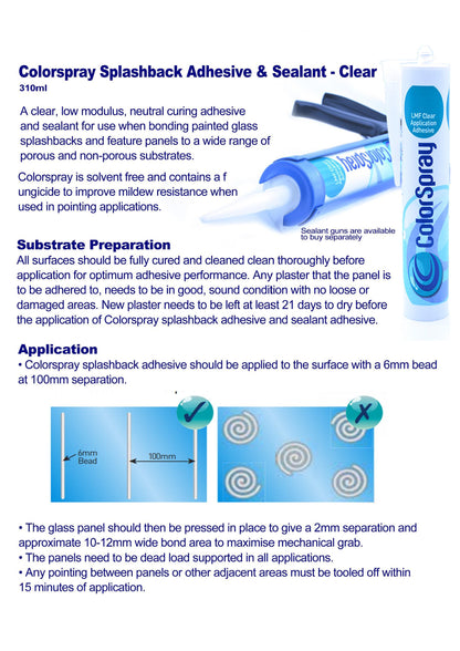 Colorspray Clear Adhesive and Sealant for Tempered Glass Kitchen Splashbacks, 6mm Toughened Heat-Resistant Glass for Cookers, Solvent-Free 310ml