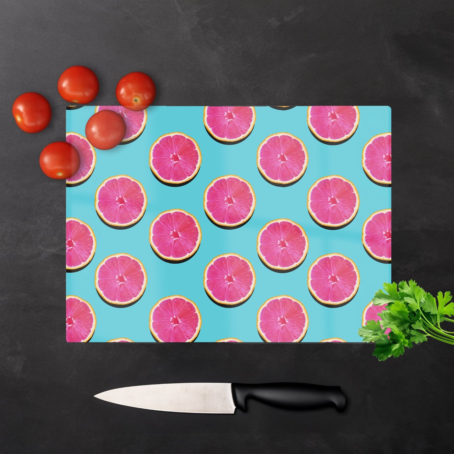 Fruity Pattern Of Pink Grapefruit Glass Chopping Board
