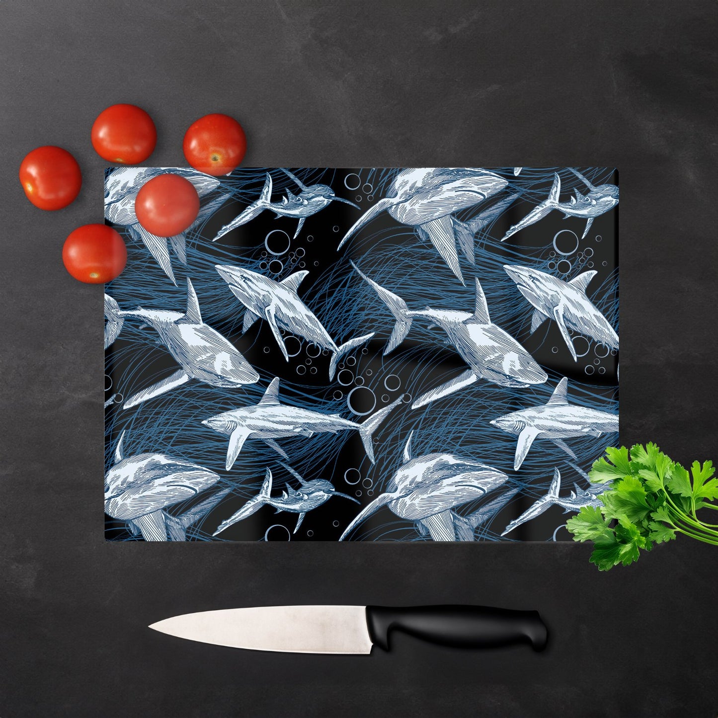 Hand Drawn Shark Pattern Glass Chopping Board