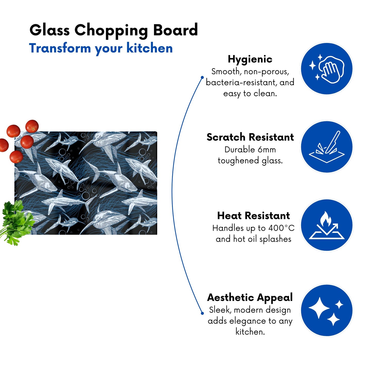Hand Drawn Shark Pattern Glass Chopping Board