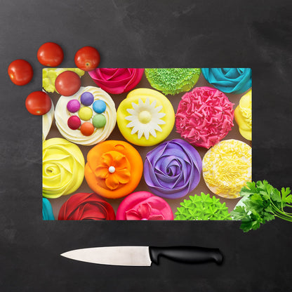 Bright Colourful Cupcakes Glass Chopping Board