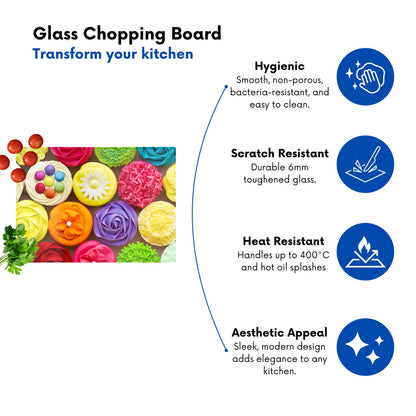 Bright Colourful Cupcakes Glass Chopping Board