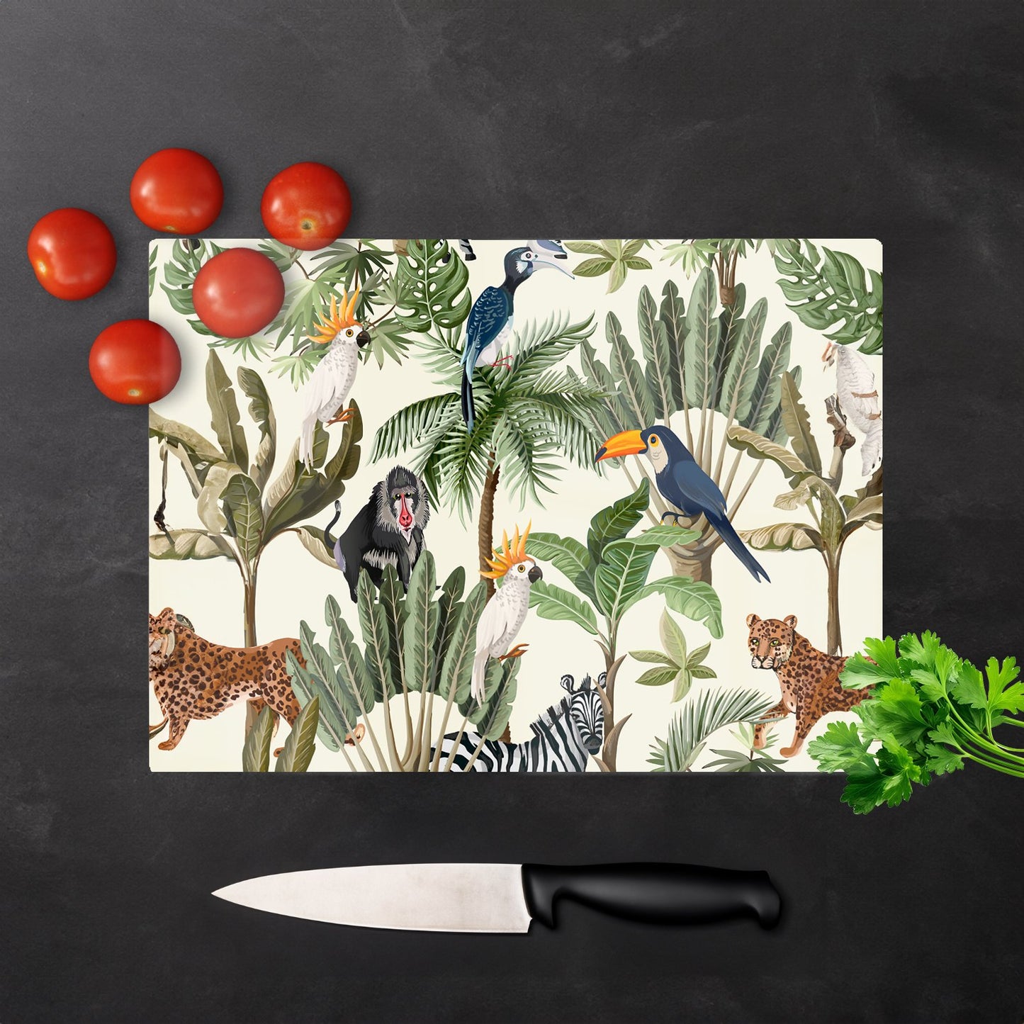 Exotic Trees And Animals Glass Chopping Board