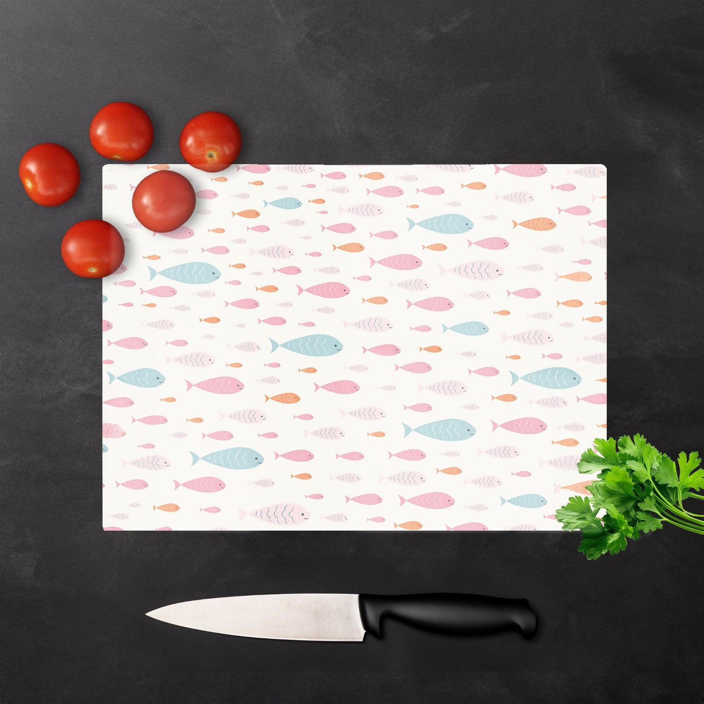 Hand Drawn Swimming Fish Glass Chopping Board